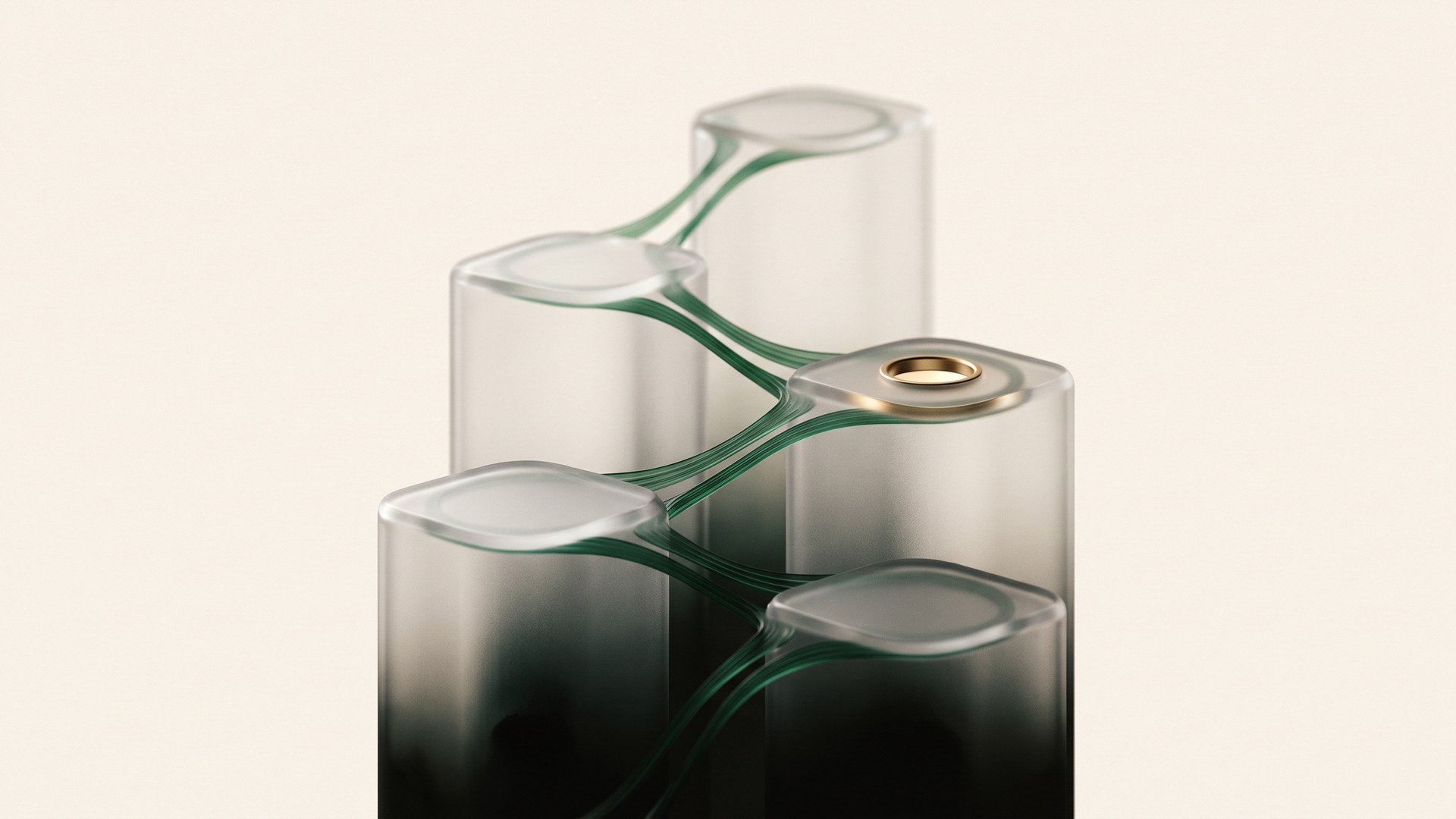 Five abstract green and brass platforms connected vertically to represent models, AI infrastructure, decision intelligence, human approval, and business outcomes